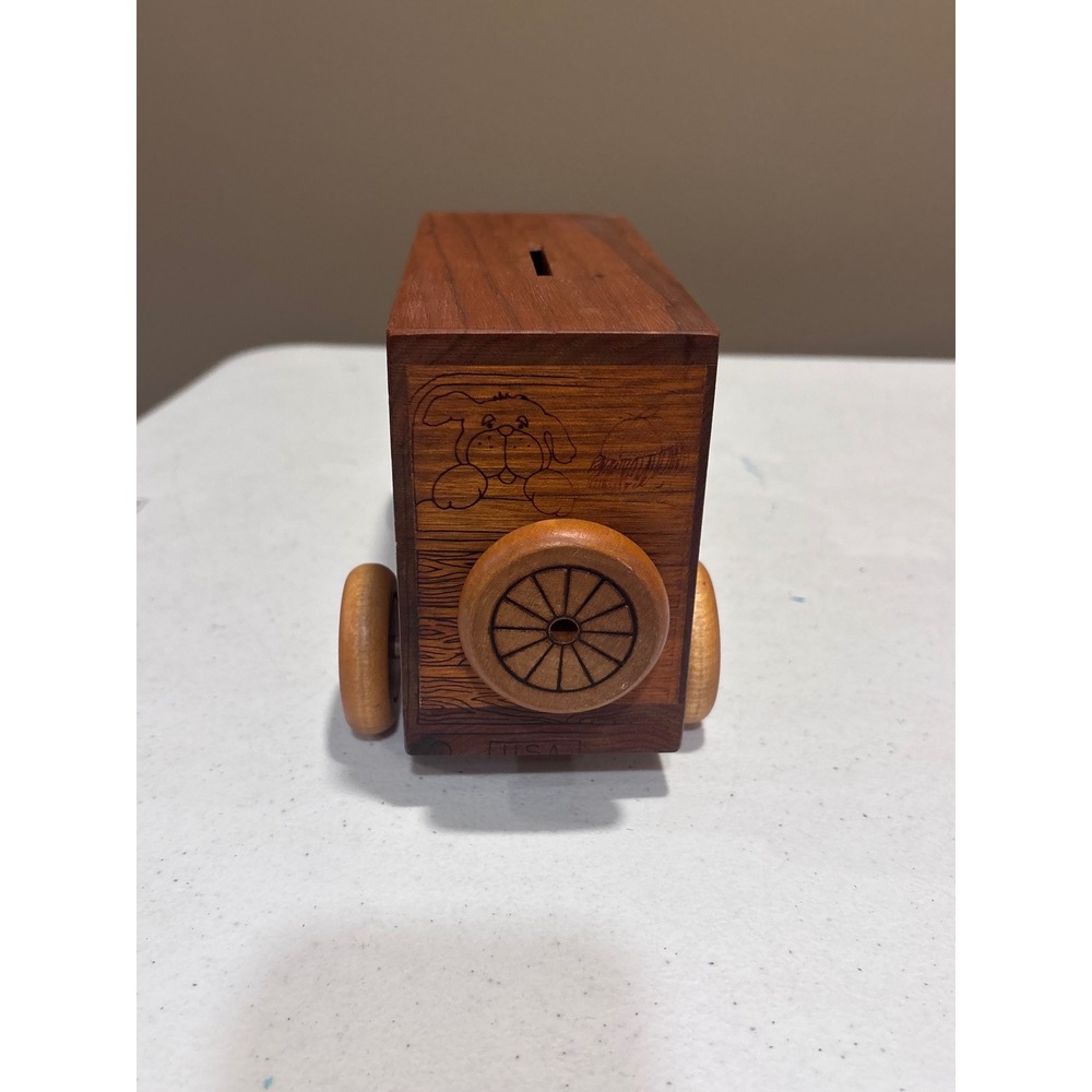 Vintage Nostalgia Inc 1977 Wooden Trolley Car Coin Bank Rolling Wheels Brown - Picture 4 of 10
